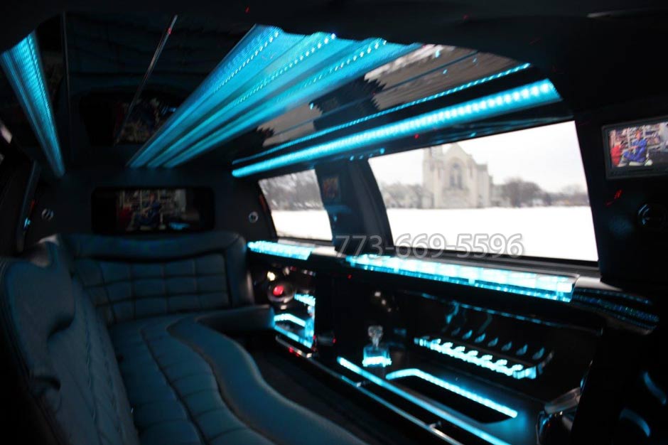 Blue interior of stretch SUV limo Lincoln Navigator